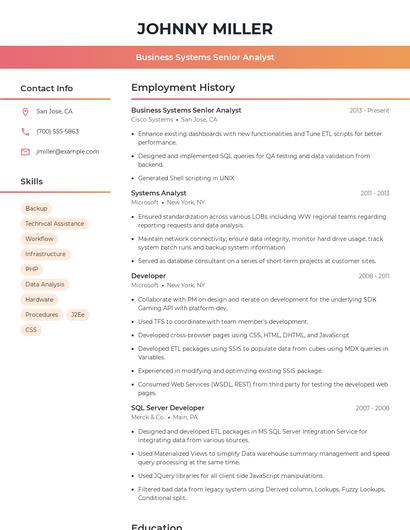 Business Systems Senior Analyst Resume