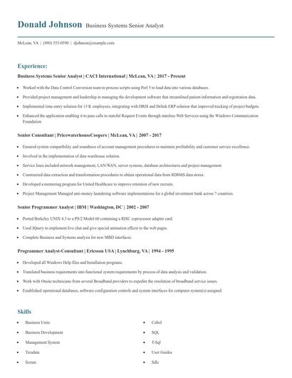 Business Systems Senior Analyst Resume