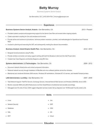 Business Systems Senior Analyst Resume