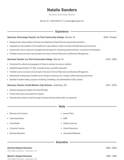 Business Technology Teacher Resume