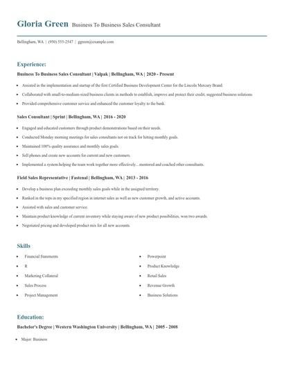 Business To Business Sales Consultant Resume