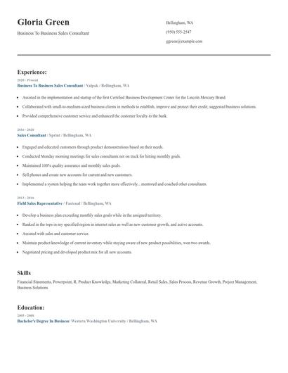 Business To Business Sales Consultant Resume