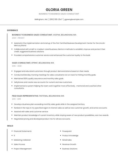 Business To Business Sales Consultant Resume