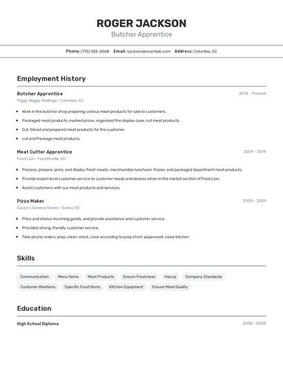 Butcher Apprentice Resume