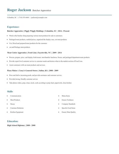 Butcher Apprentice Resume