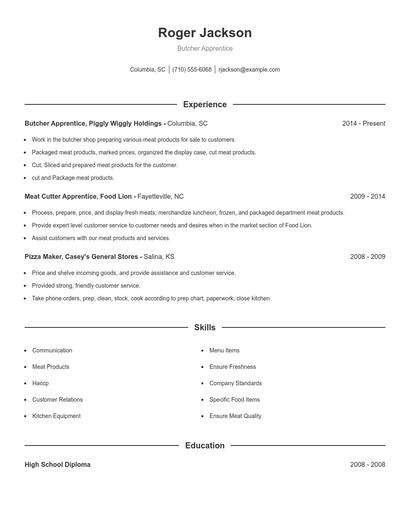 Butcher Apprentice Resume