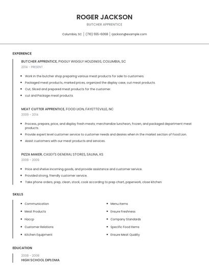 Butcher Apprentice Resume