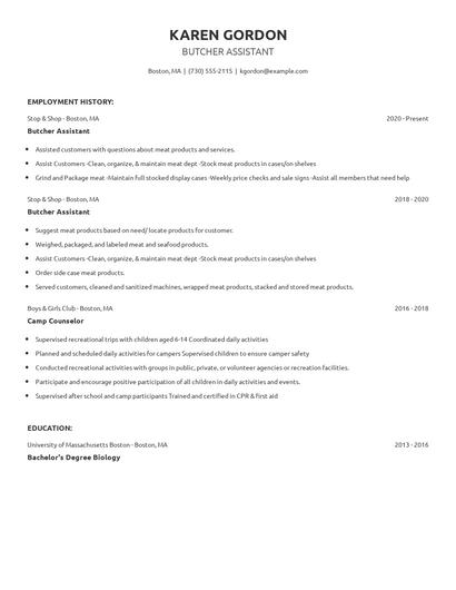 Butcher Assistant Resume