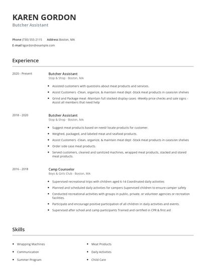 Butcher Assistant Resume