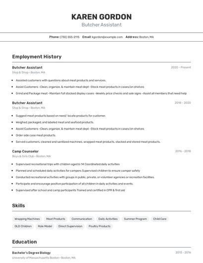 Butcher Assistant Resume