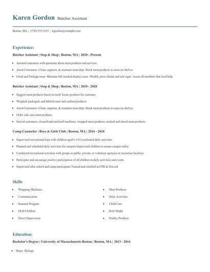 Butcher Assistant Resume