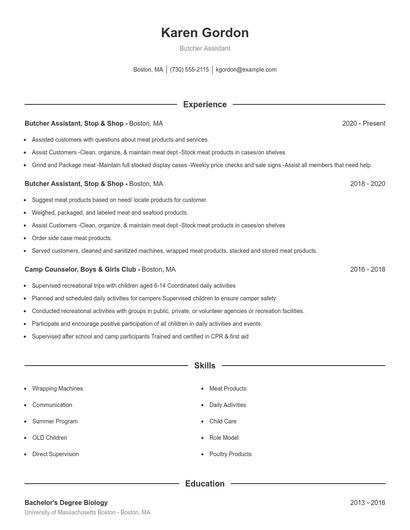 Butcher Assistant Resume