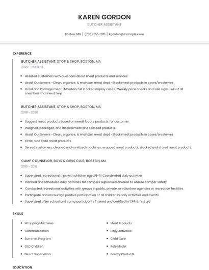Butcher Assistant Resume