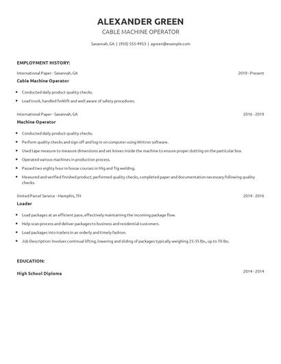 Cable Machine Operator Resume