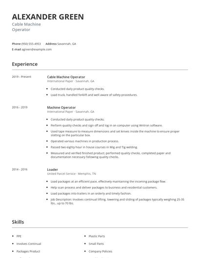 Cable Machine Operator Resume