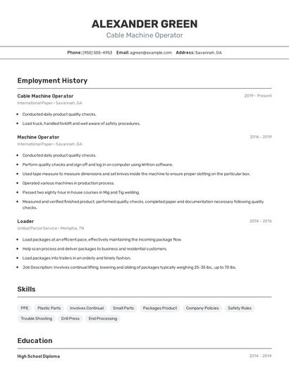 Cable Machine Operator Resume
