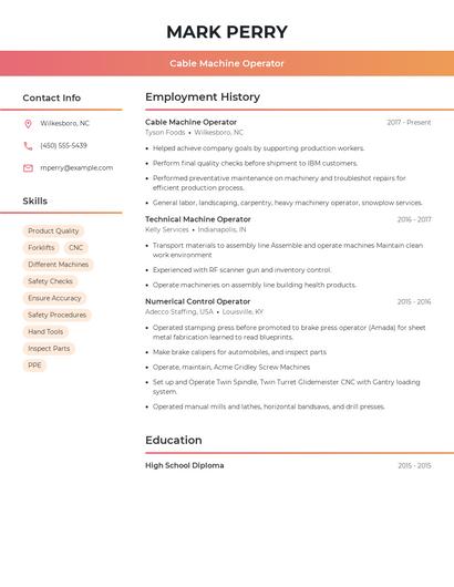 Cable Machine Operator Resume