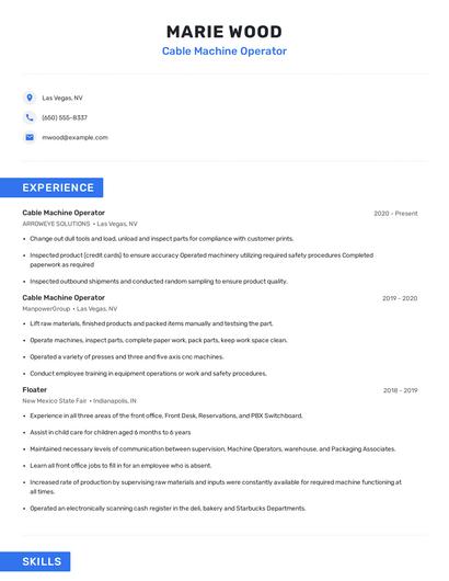 Cable Machine Operator Resume