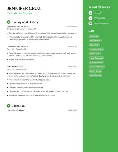 Cable Machine Operator Resume