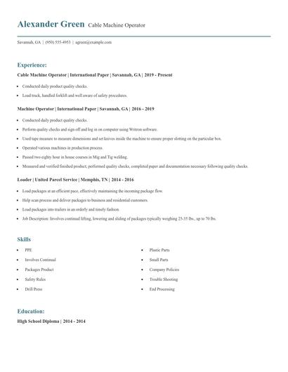 Cable Machine Operator Resume