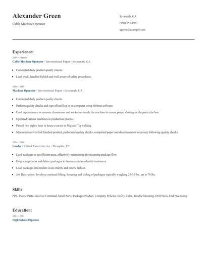 Cable Machine Operator Resume