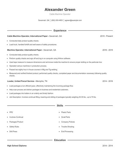 Cable Machine Operator Resume