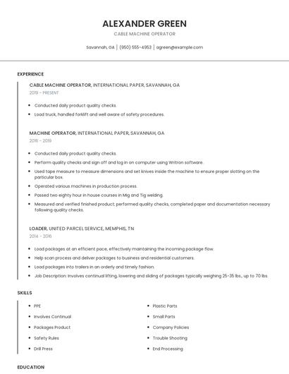 Cable Machine Operator Resume