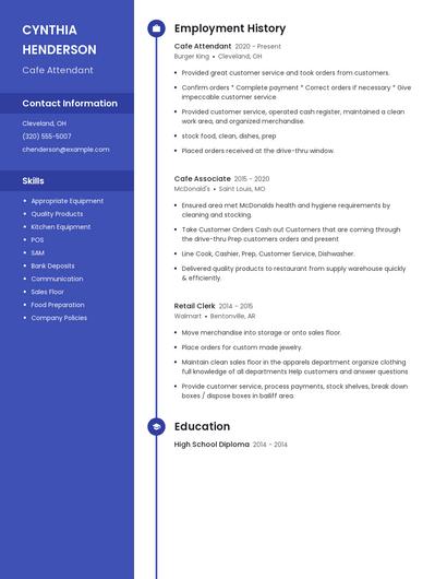 Cafe Attendant Resume
