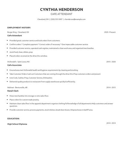 Cafe Attendant Resume