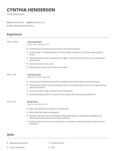 Cafe Attendant Resume