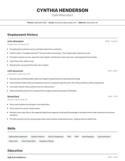 Cafe Attendant Resume