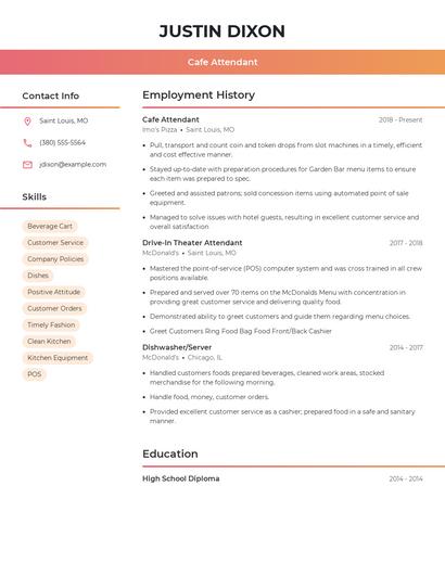 Cafe Attendant Resume