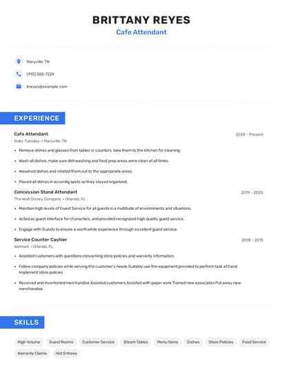 Cafe Attendant Resume