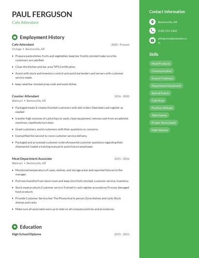 Cafe Attendant Resume