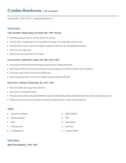 Cafe Attendant Resume
