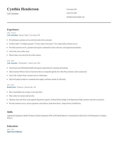 Cafe Attendant Resume