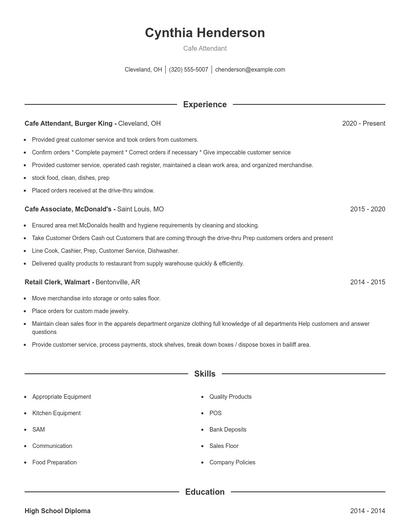 Cafe Attendant Resume