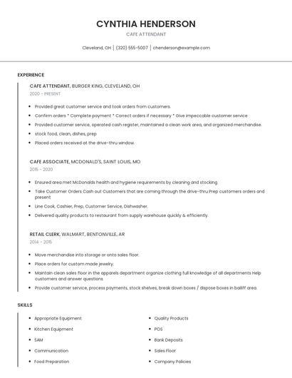 Cafe Attendant Resume
