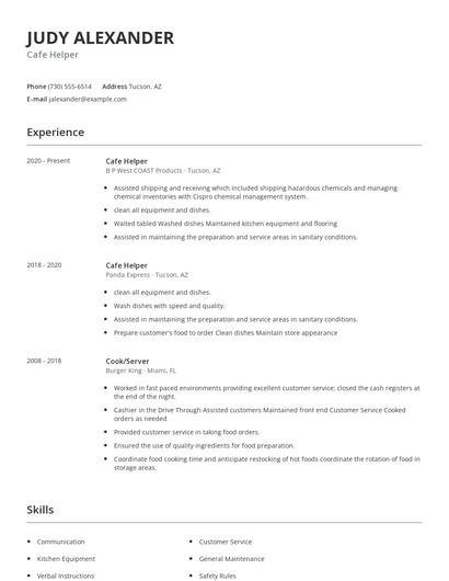 Cafe Helper Resume