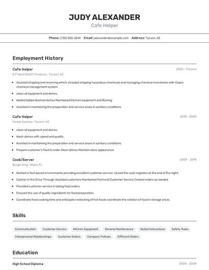 Cafe Helper Resume