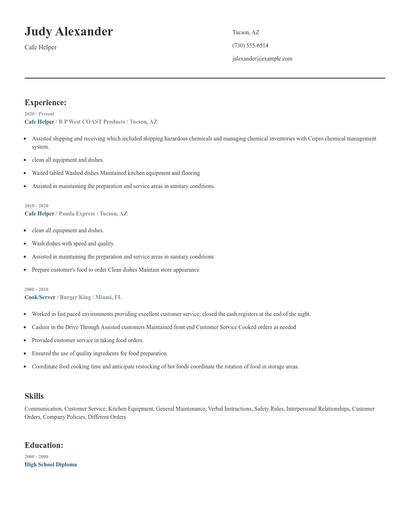 Cafe Helper Resume