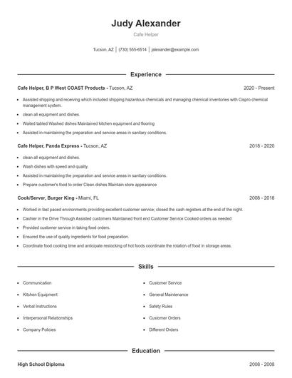 Cafe Helper Resume