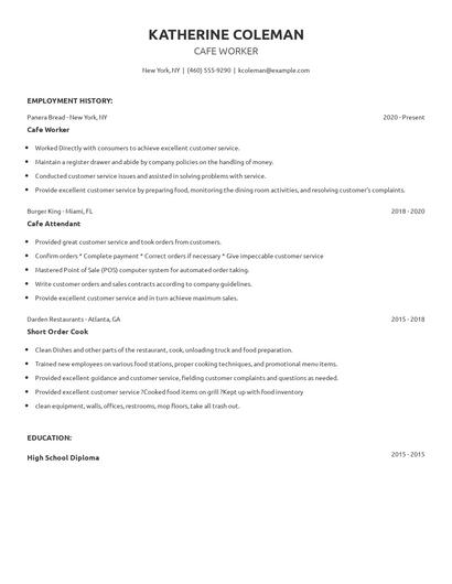 Cafe Worker Resume