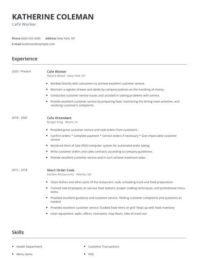 Cafe Worker Resume