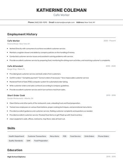 Cafe Worker Resume