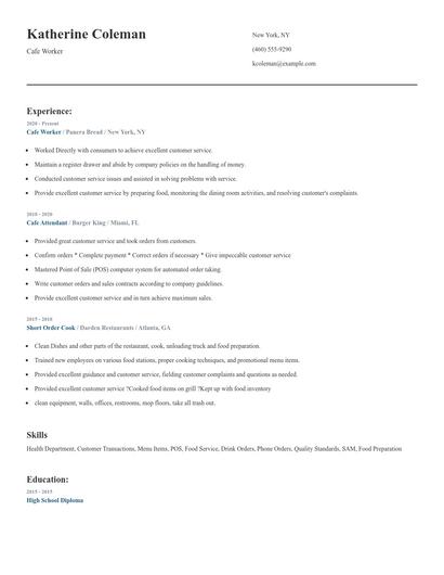 Cafe Worker Resume