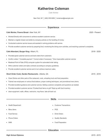 Cafe Worker Resume