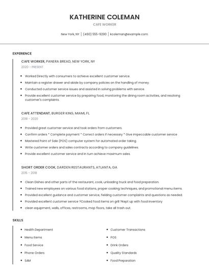 Cafe Worker Resume