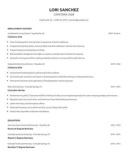 Cafeteria Aide Resume
