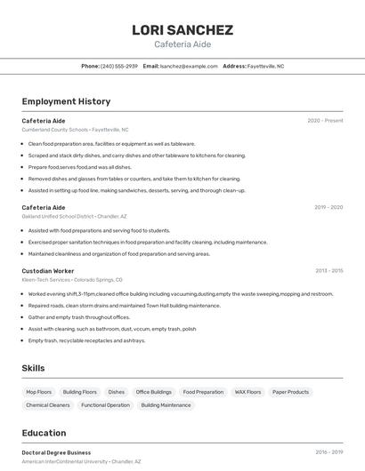 Cafeteria Aide Resume